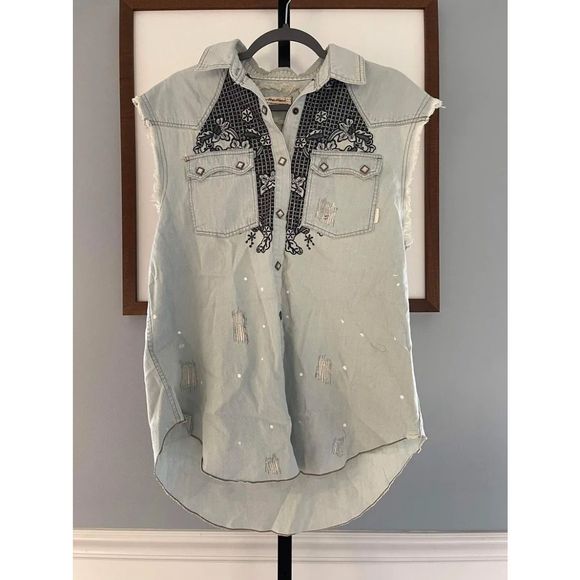 New Free People x We the free Western Wear Cutoff Top sz Medium - Picture 2 of 4